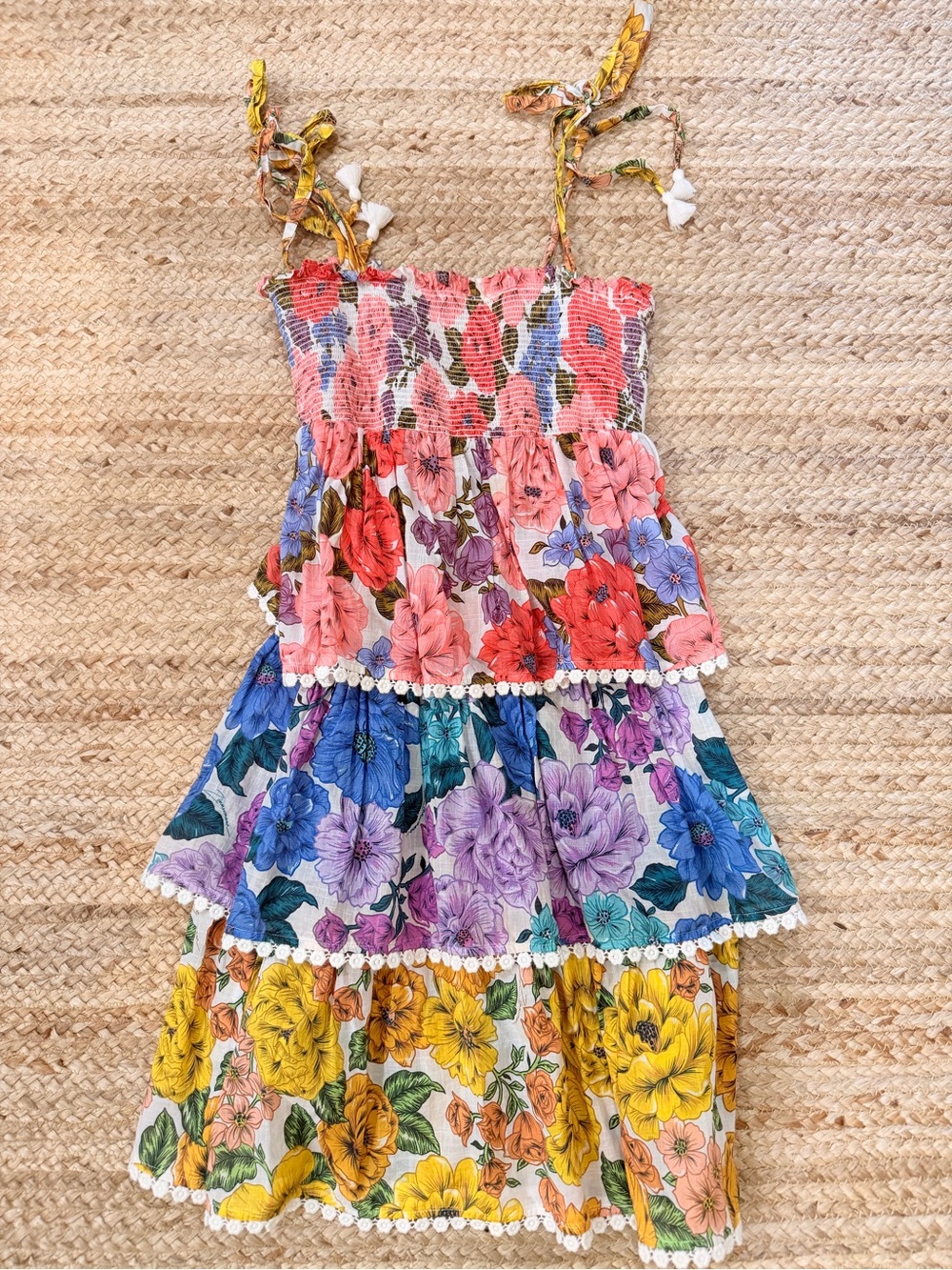 Zimmermann Girls Pink and Purple Floral Smocked Tiered Dress